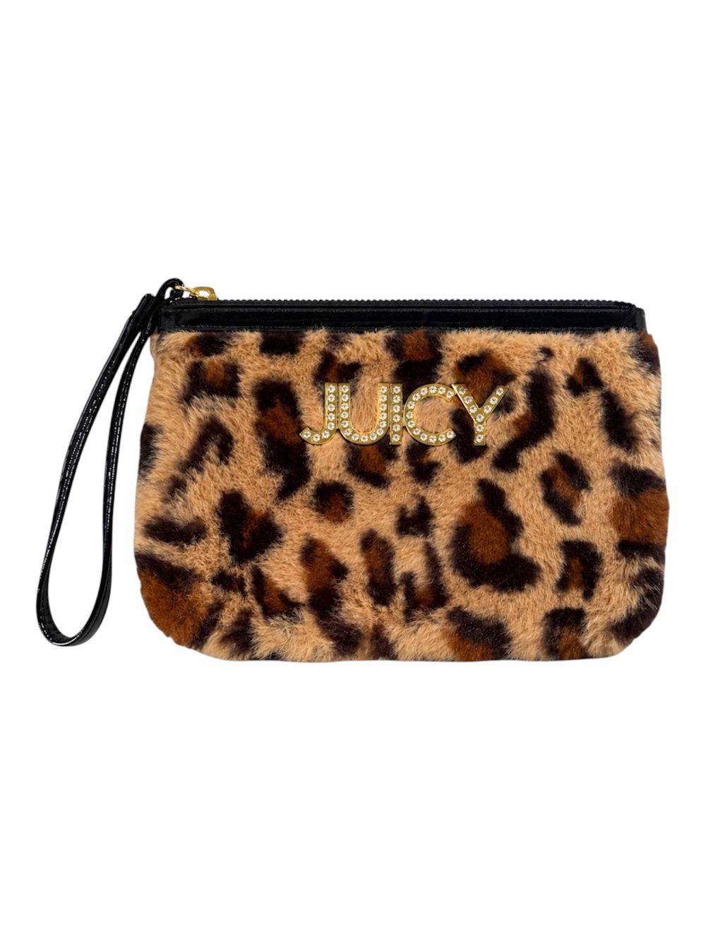 Juicy Couture Leopard Faux Fur Wristlet Clutch Gold Logo Y2K
